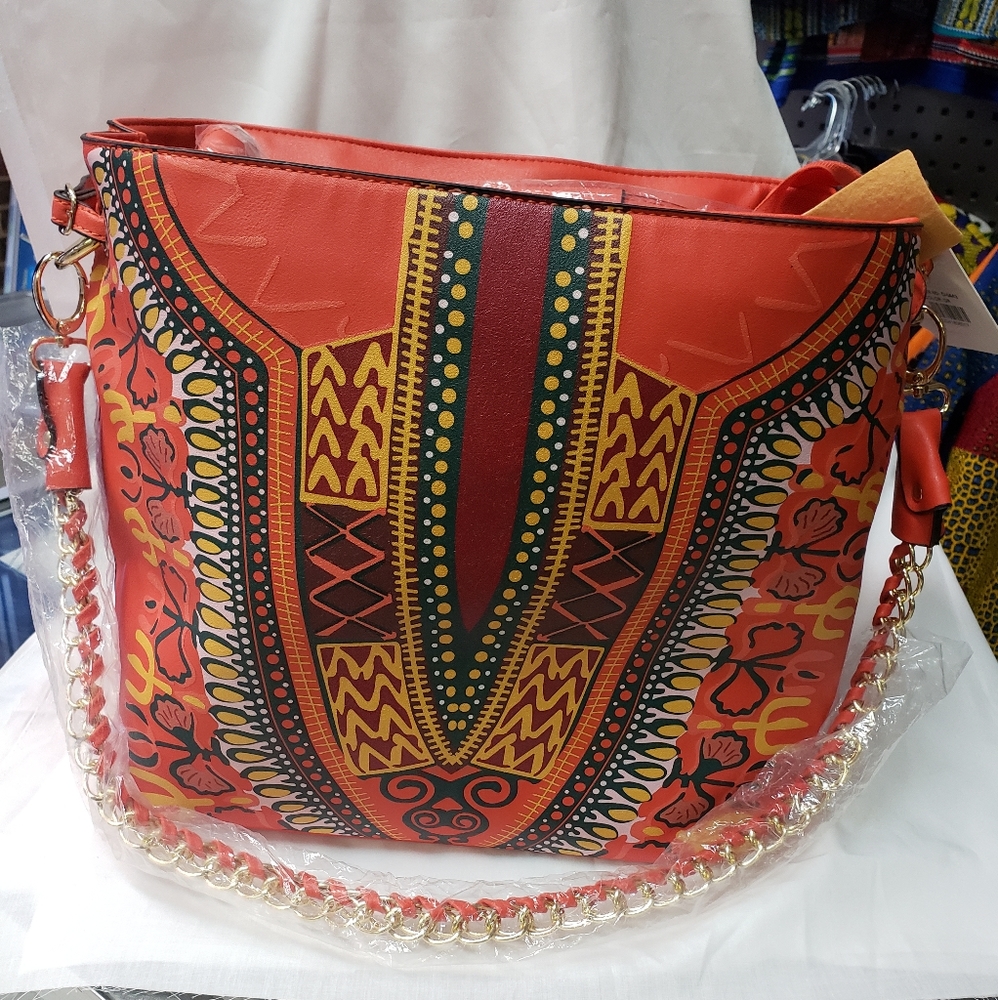 Orange Dashiki Print Vegan Leather Tote Handbag 